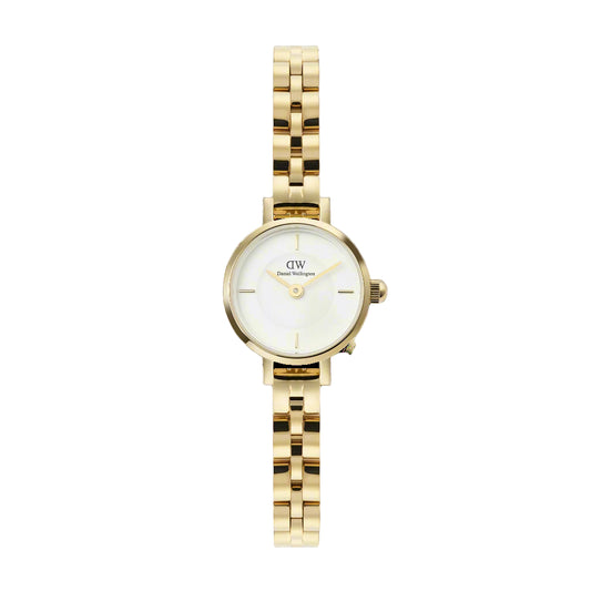 Gold watch with a white face on a white background