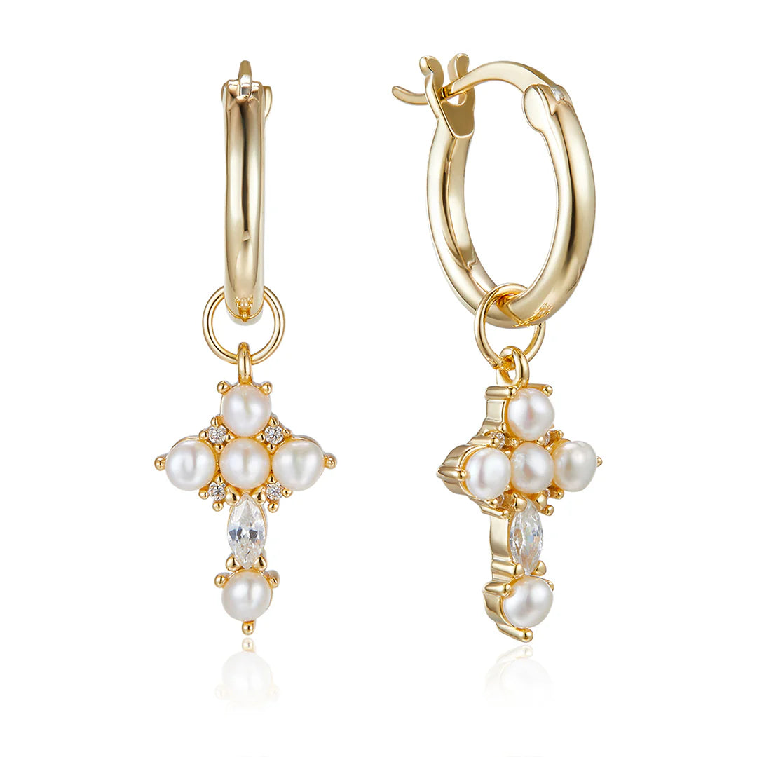 Vera Design - Hoop Tiny Cross Pearl lokkar