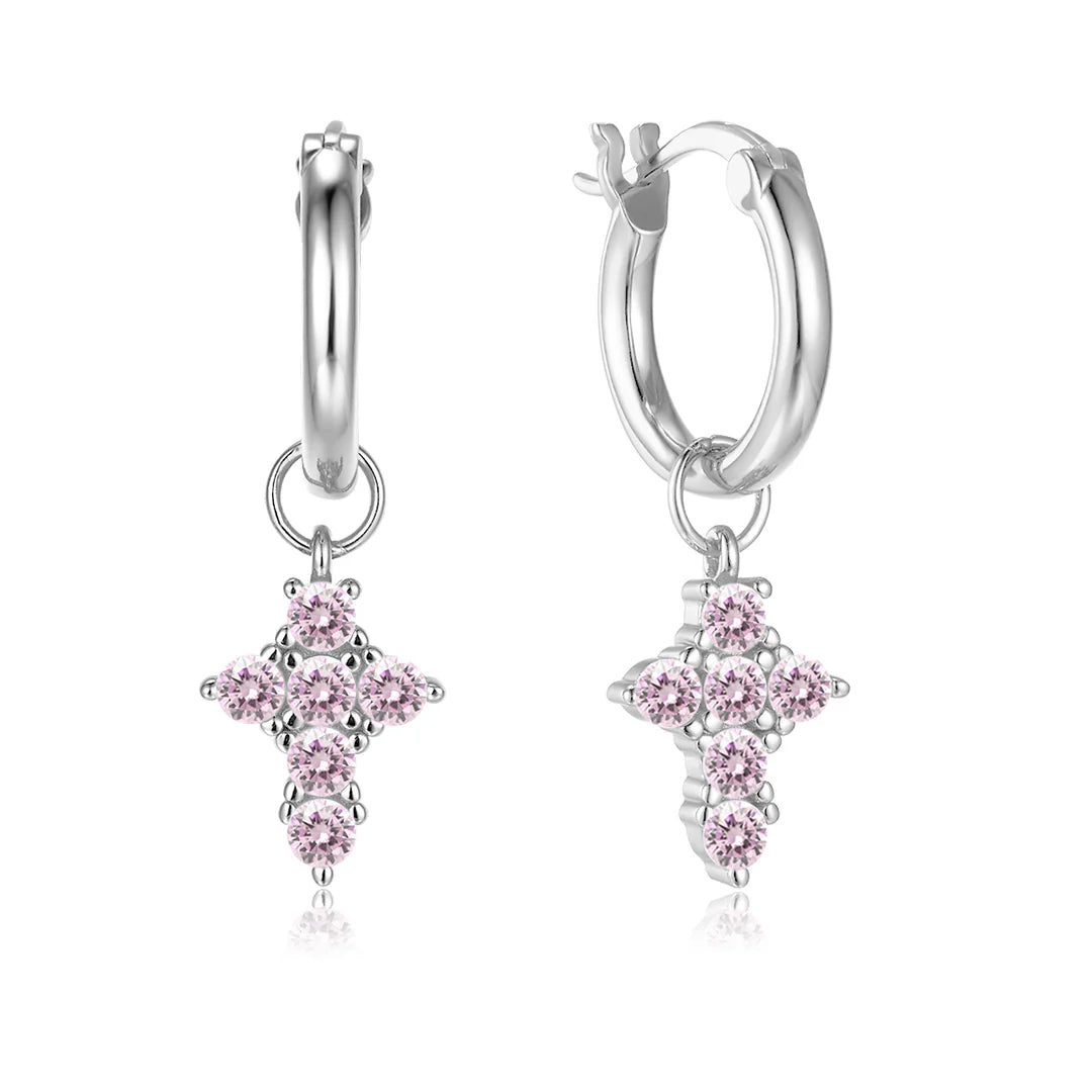 Vera Design - Tiny Cross Divine Hring Eyrnalokkar Silfur með Bleikum Steinum