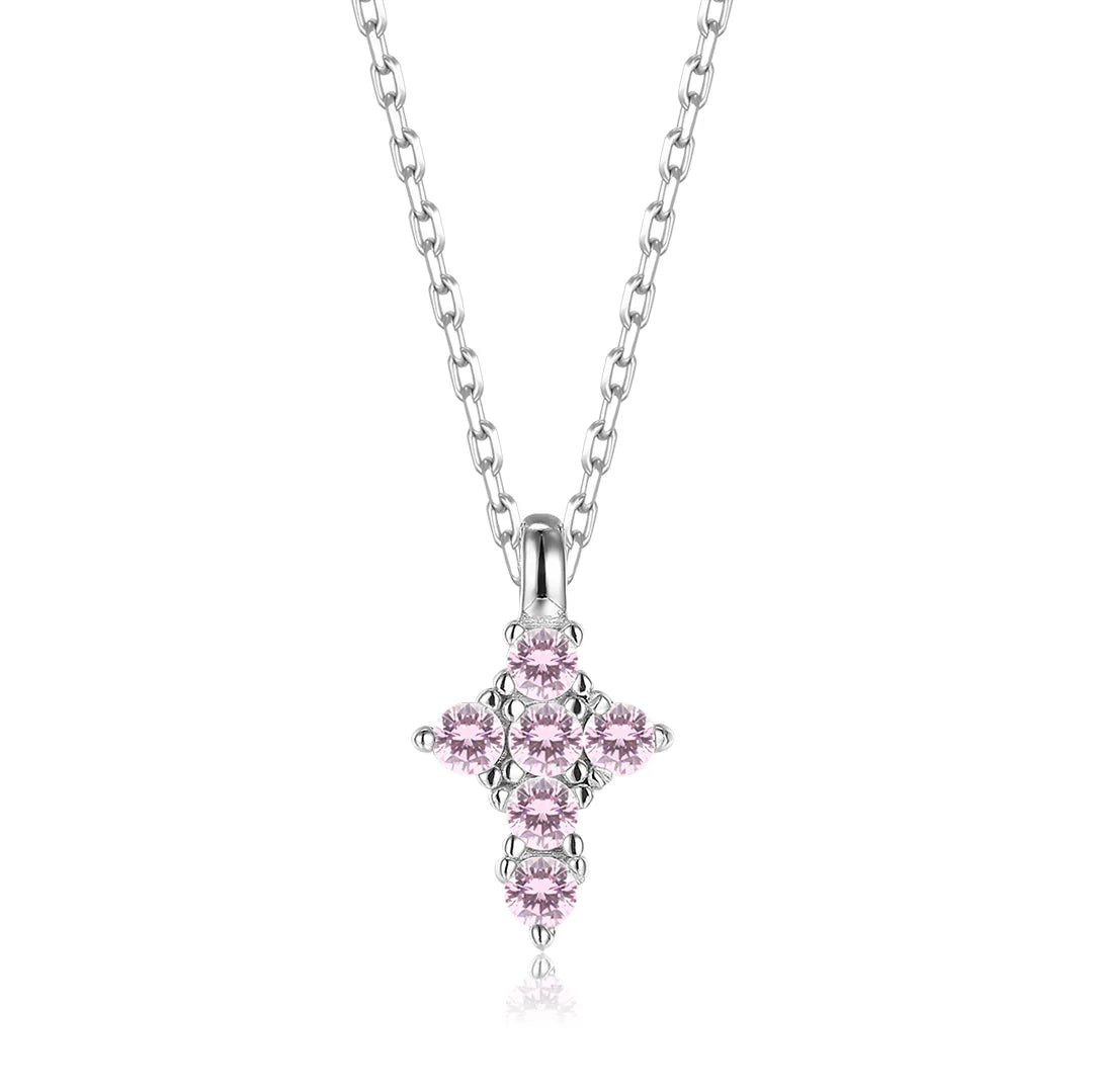 Vera Design - Cross Divine Tiny Hálsmen Silfur með Bleikum Steinum