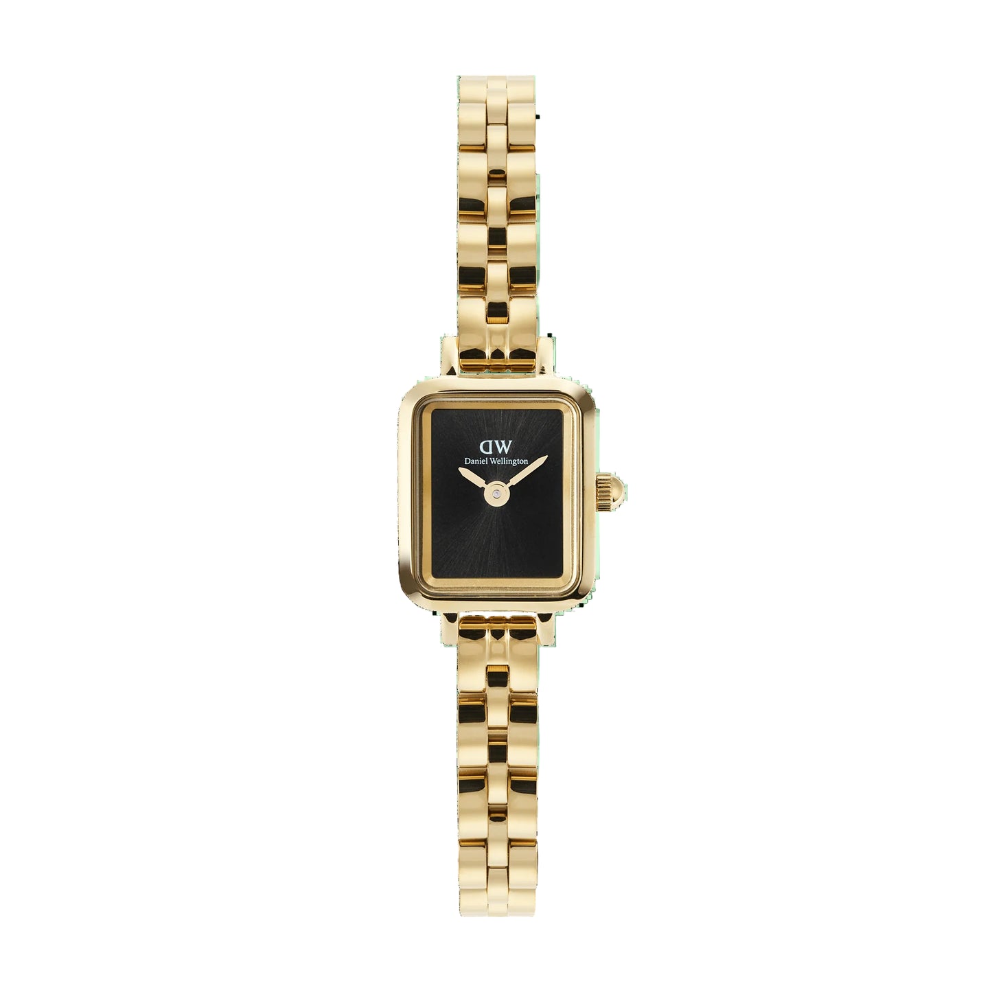 Gold watch with black face on a white background