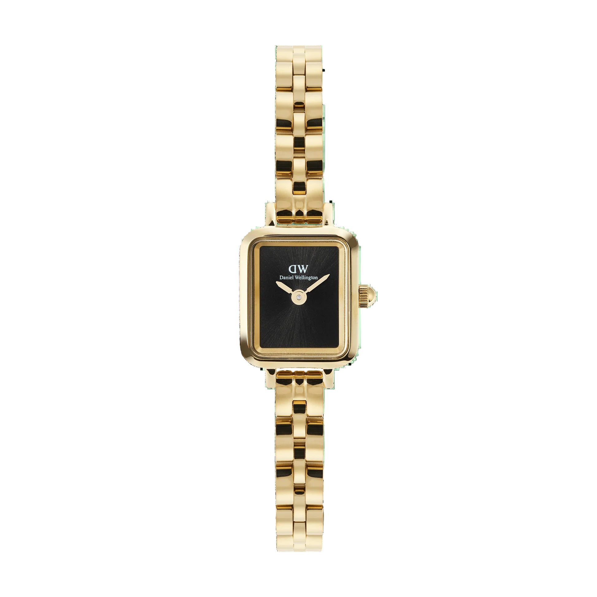 Gold watch with black face on a white background