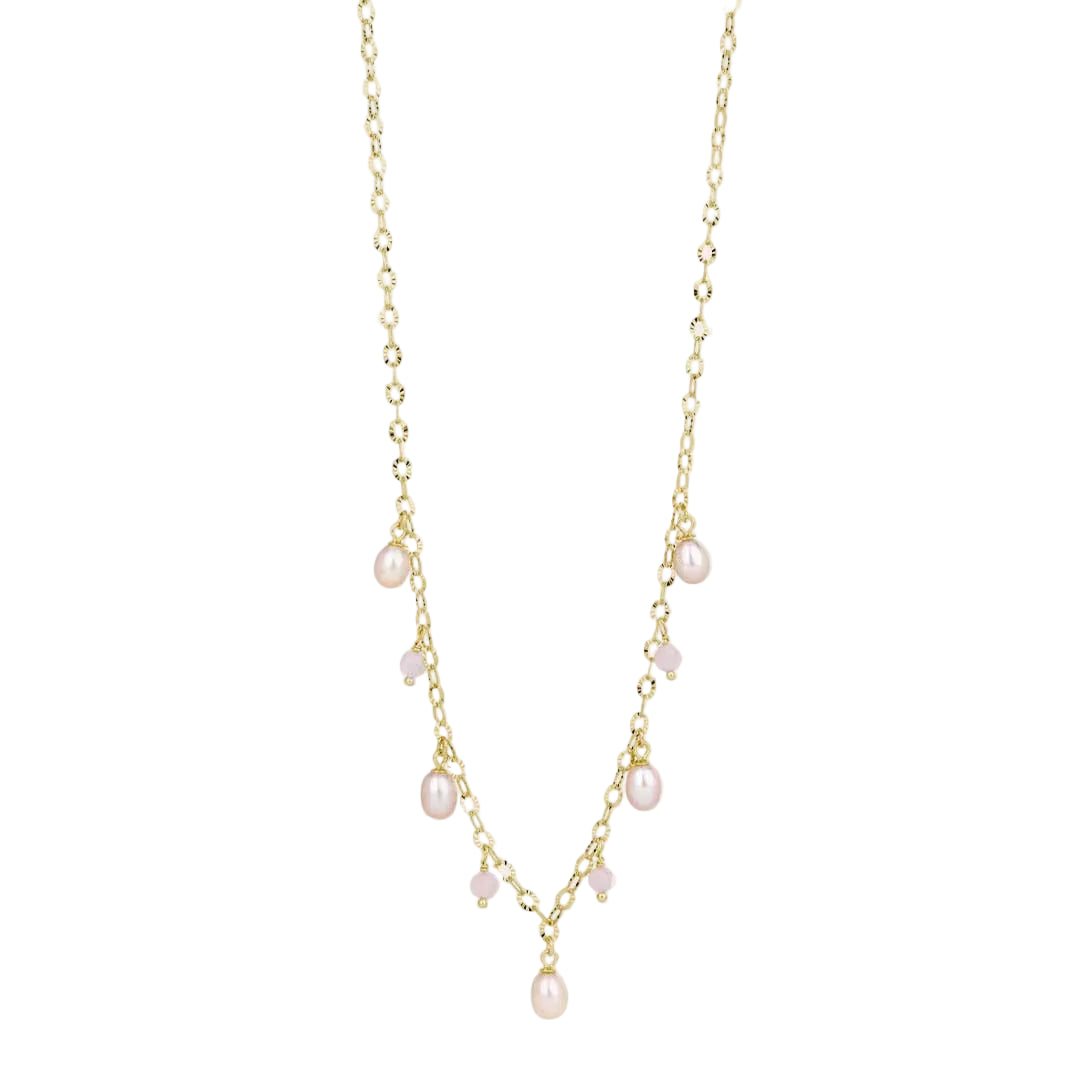 By L - Haf Pink Hálsfesti Með 5x Bleikum Perlum og Rose Quartz