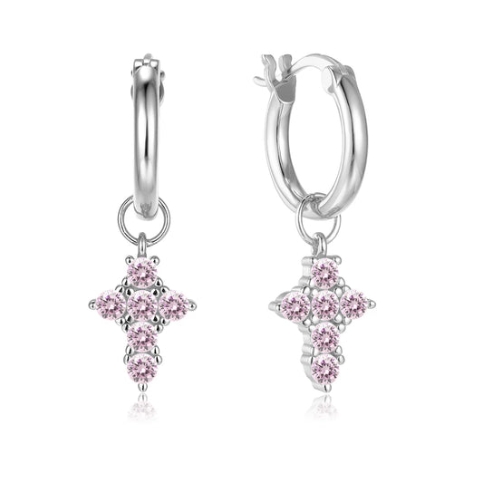 Vera Design - Tiny Cross Divine Hring Eyrnalokkar Silfur með Bleikum Steinum