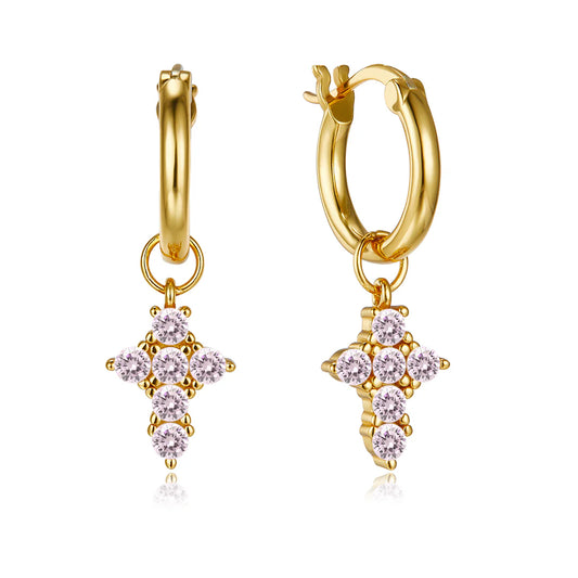 Vera Design - Tiny Cross Divine Hring Eyrnalokkar Gylltir með Bleikum Steinum