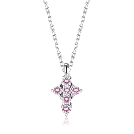 Vera Design - Cross Divine Tiny Hálsmen Silfur með Bleikum Steinum