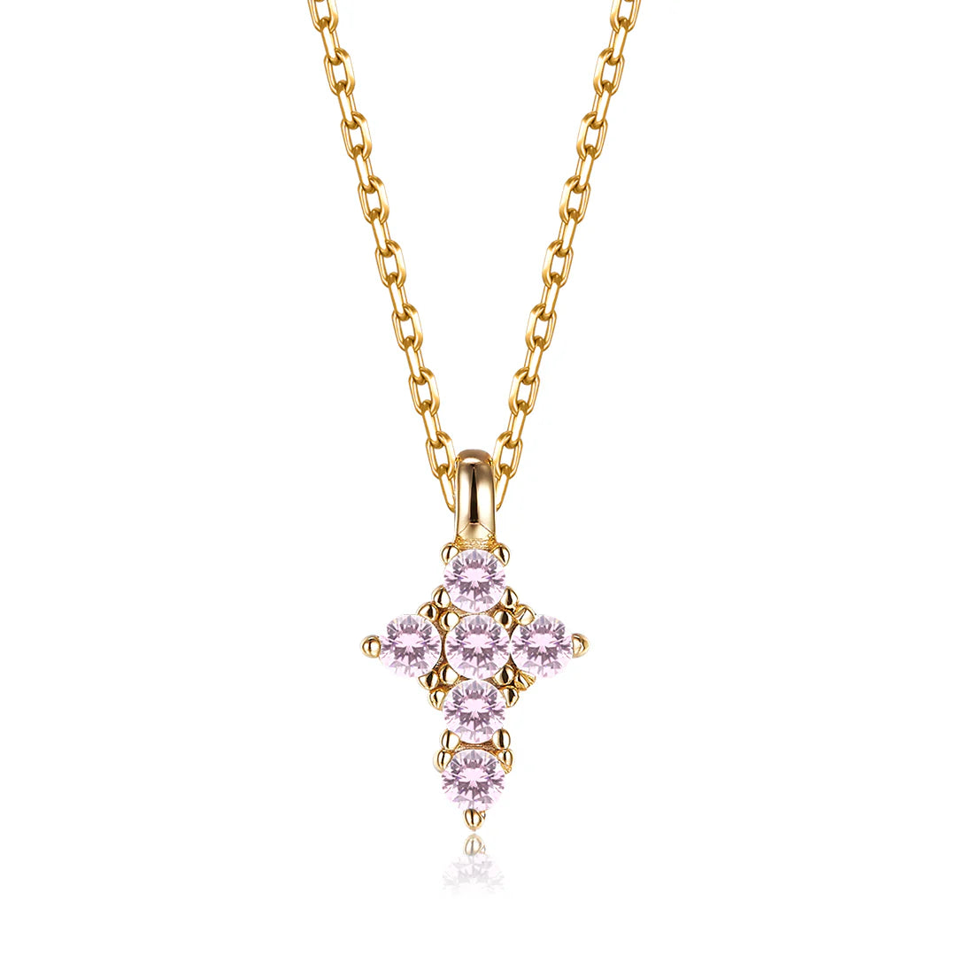 Vera Design - Cross Divine Tiny Hálsmen Gyllt með Bleikum Steinum