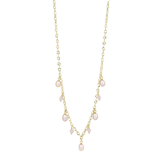 By L - Haf Pink Hálsfesti Með 5x Bleikum Perlum og Rose Quartz