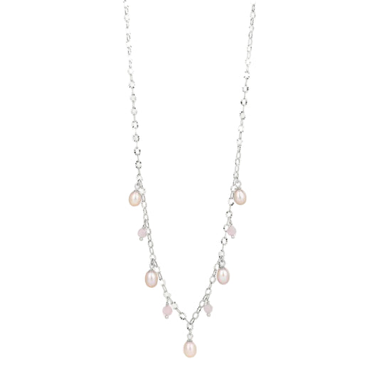 By L - Haf Pink Hálsfesti Með 5x Bleikum Perlum og Rose Quartz